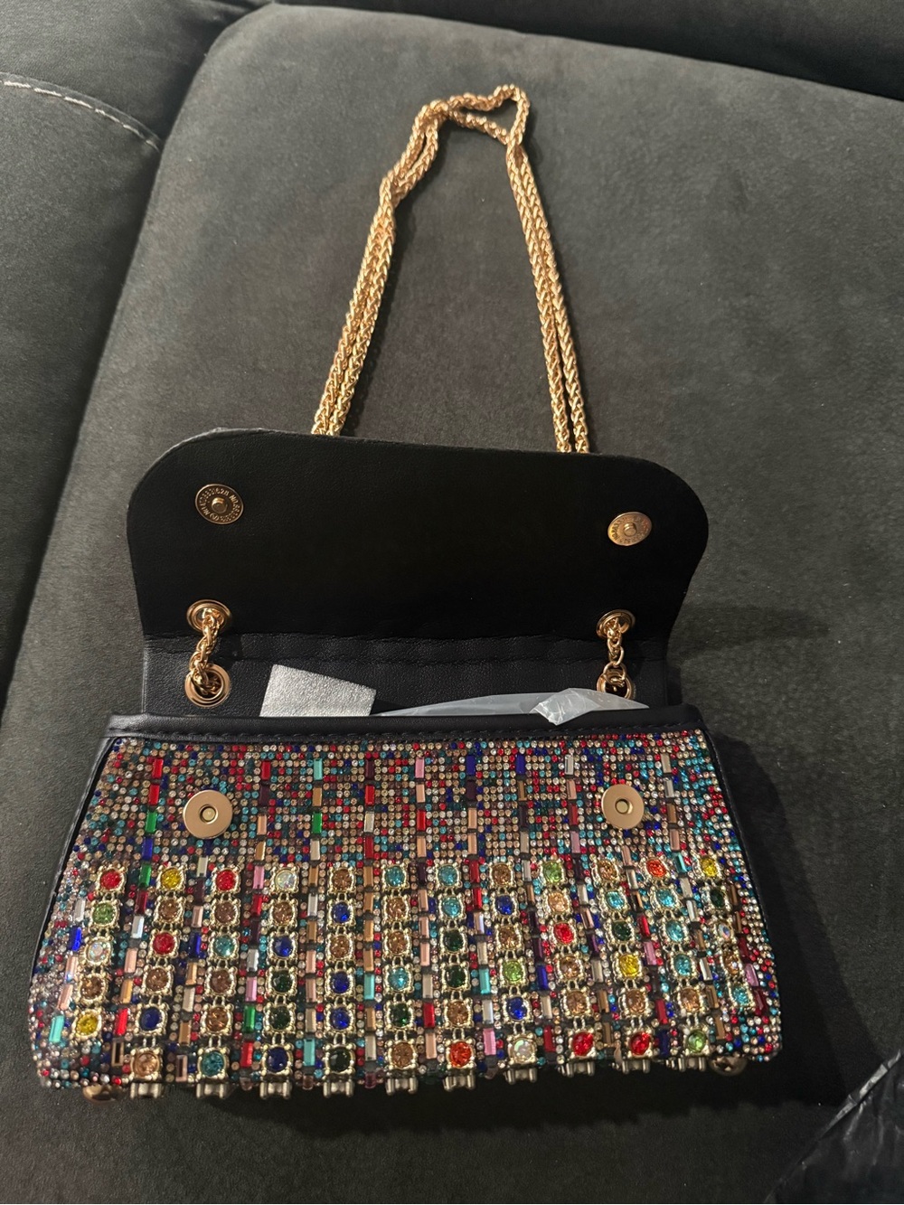 Multicolor Jeweled Evening Clutch with Gold Chain Strap